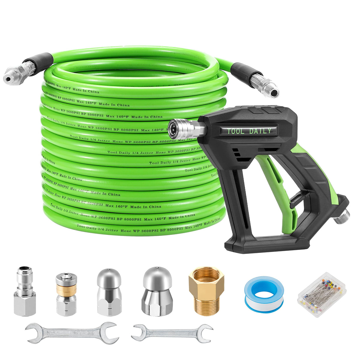 Tool Daily sewer jet hose 50ft demonstrating flexible, kink-resistant performance for long drain runs.