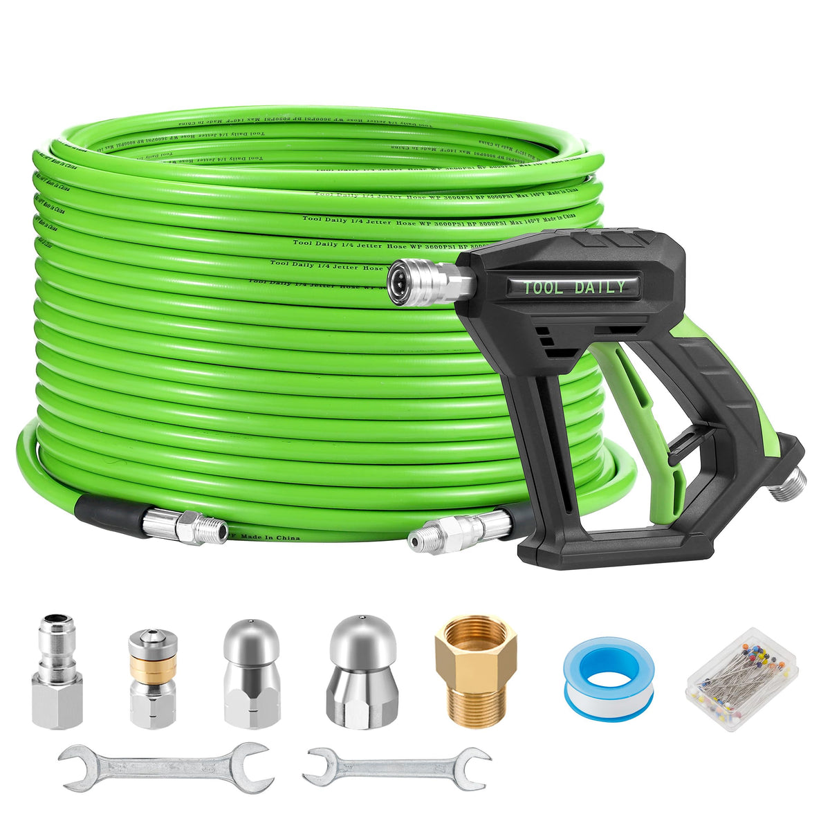 Tool Daily sewer jetter kit with 100 ft hose for deep clogged lines.