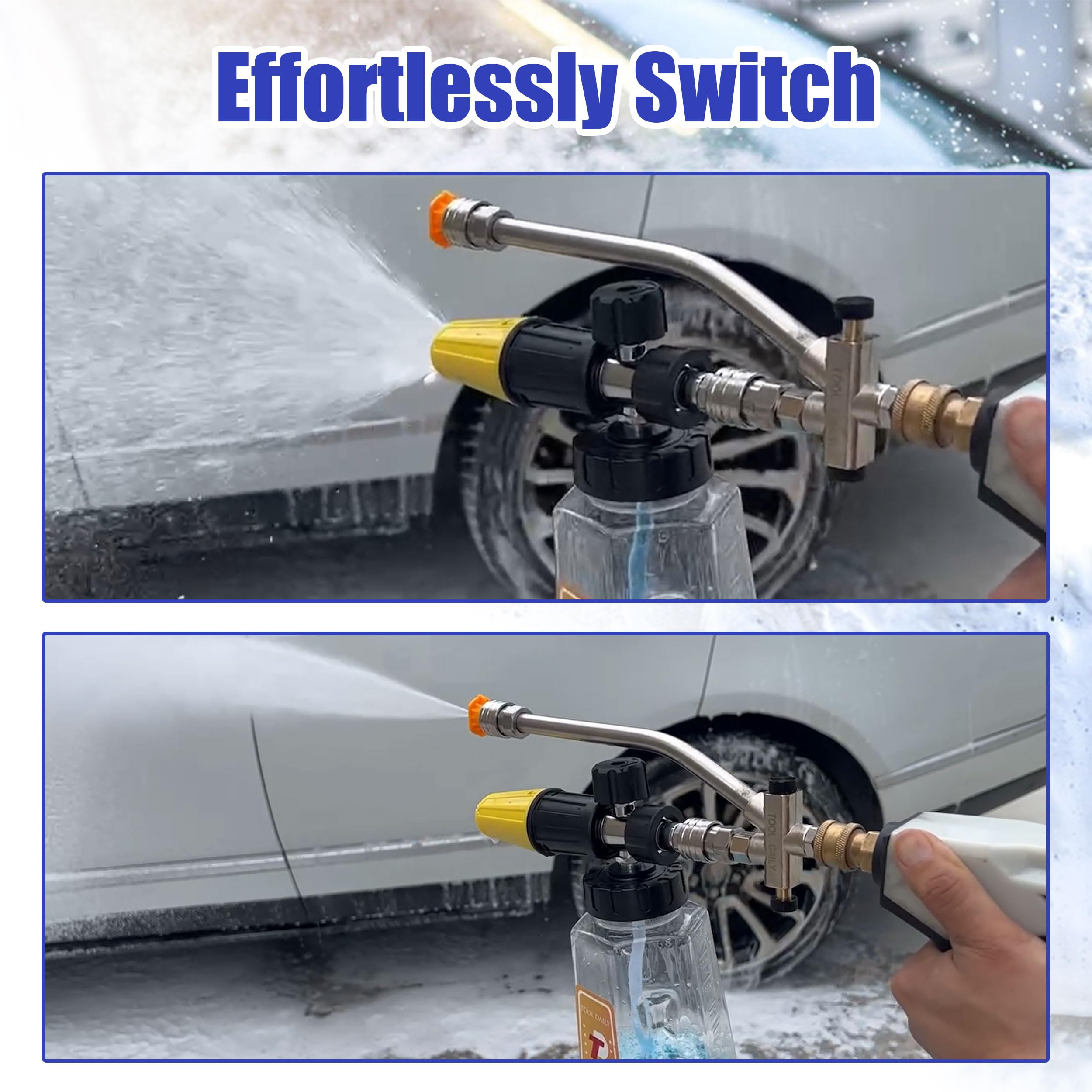 Tool Daily shuttle valve facilitates easy switching between foam lance and pressure washer tip.