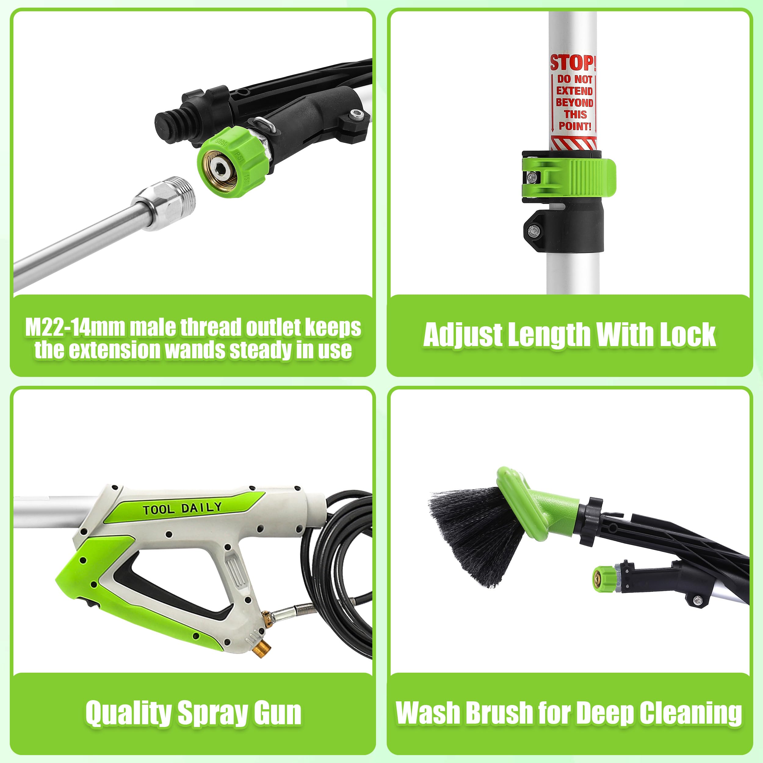 Tool Daily telescopic wand in use cleans second-story siding without ladders.