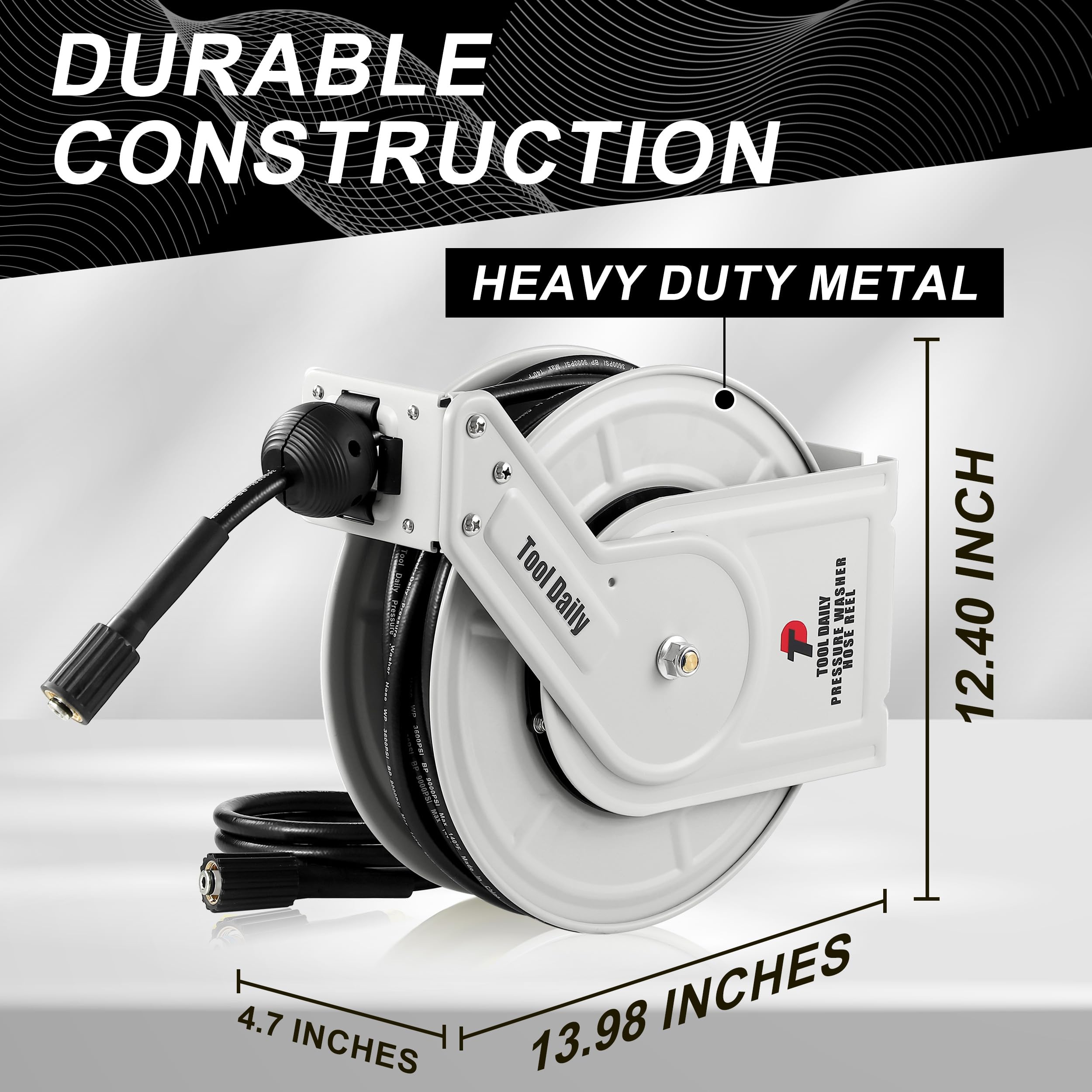 Tool Daily wall-mounted hose reel keeps hoses off the floor and organized.