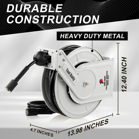 Tool Daily wall-mounted hose reel keeps hoses off the floor and organized.