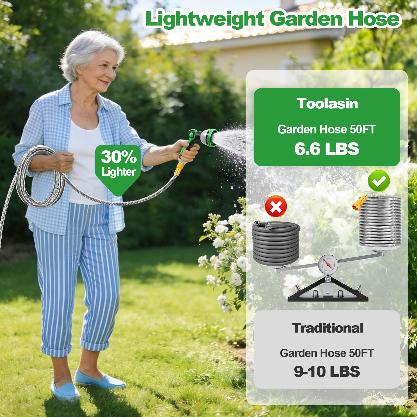 Toolasin Garden Hose 50ft 10-function nozzle enables versatile spraying patterns.