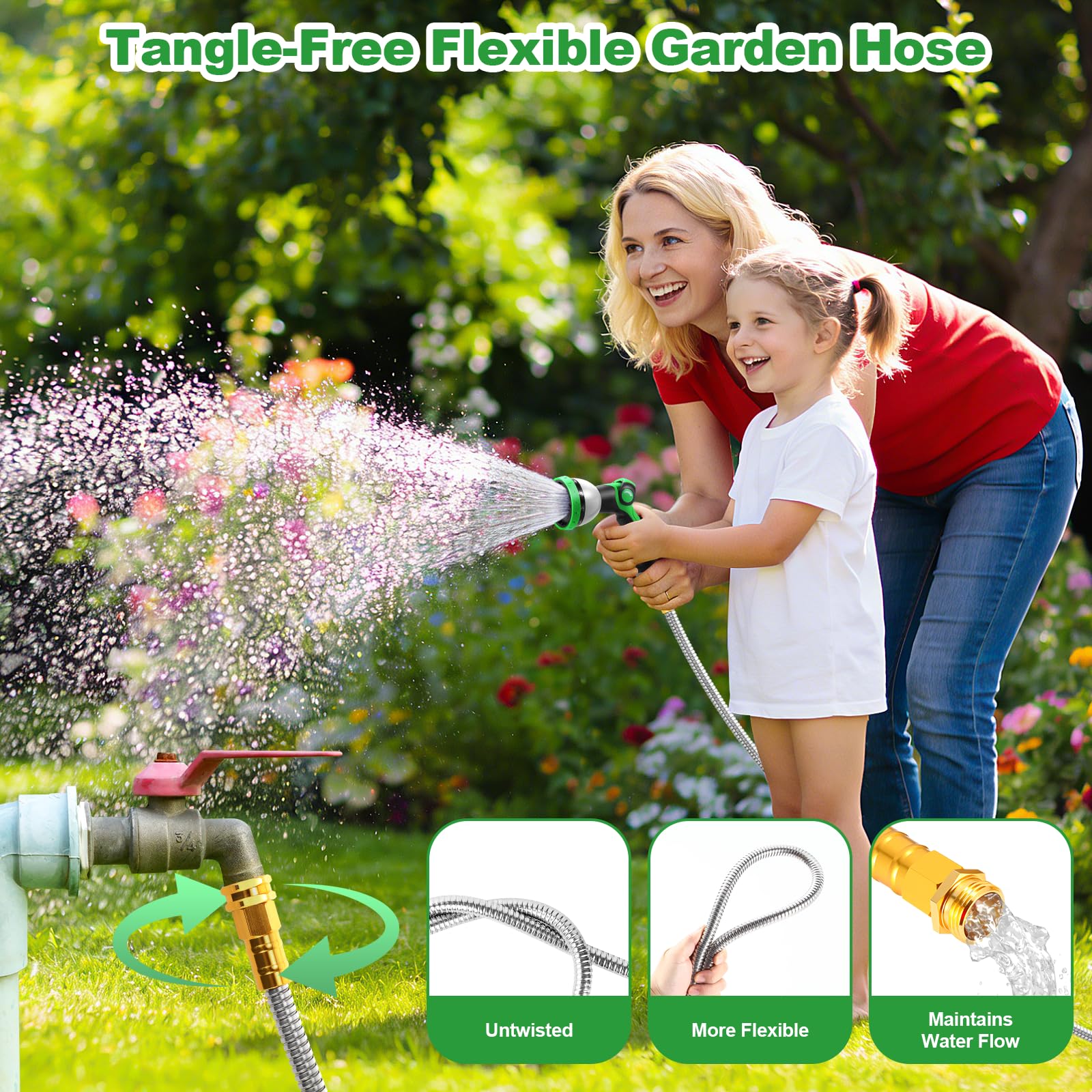 Toolasin Garden Hose 50ft aluminum-plated copper connectors prevent leaks and simplify connections.