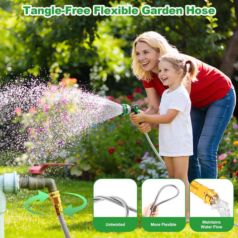 Toolasin Garden Hose 50ft aluminum-plated copper connectors prevent leaks and simplify connections.