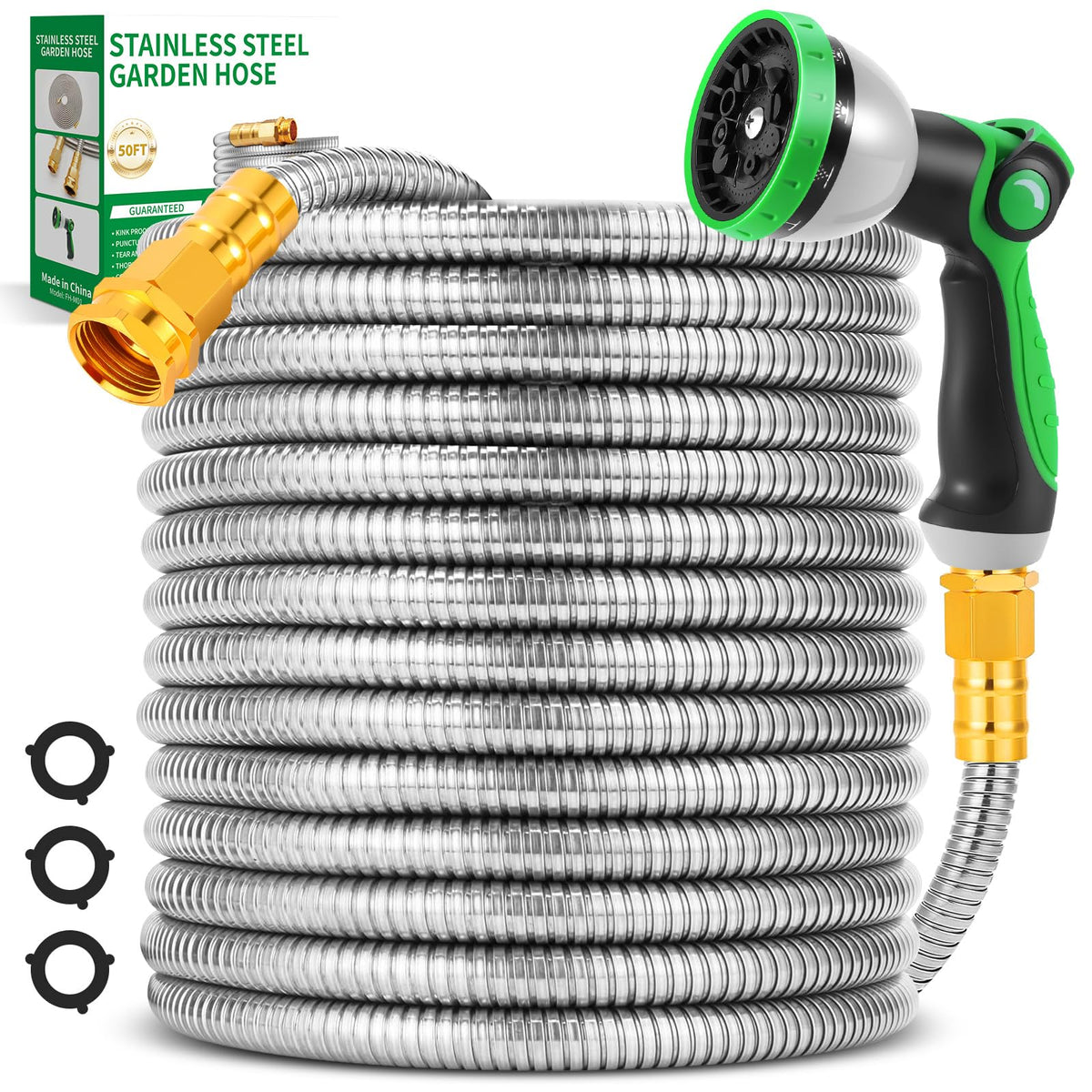 Toolasin Garden Hose 50ft main body showcases durable stainless steel construction for reliable watering.