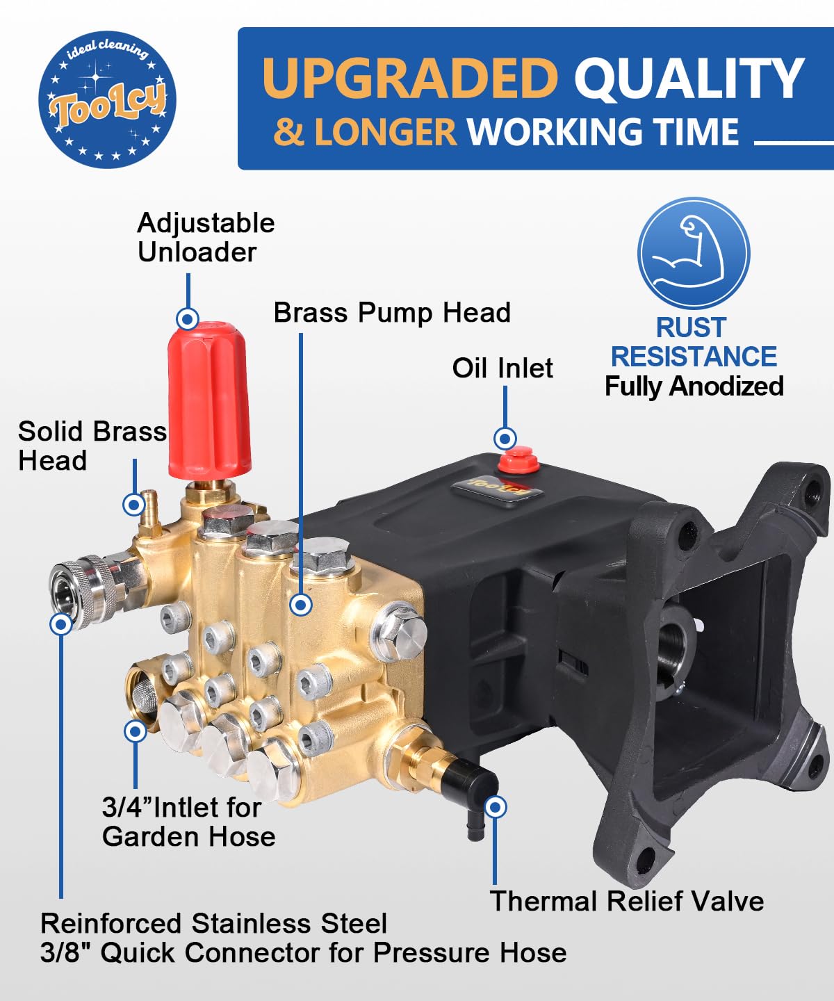 TOOLCY-brass pump head and anodized crankcase emphasize strength and longevity.