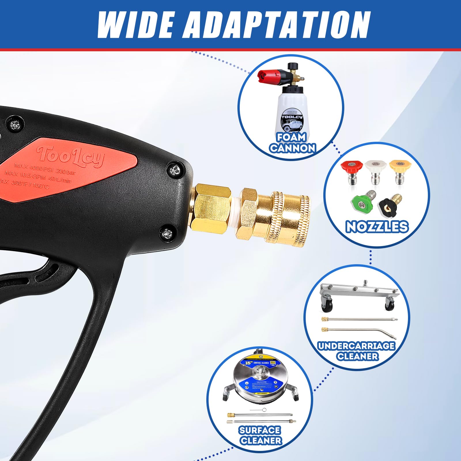 TOOLCY brass quick-connect ensures durable hose connections.