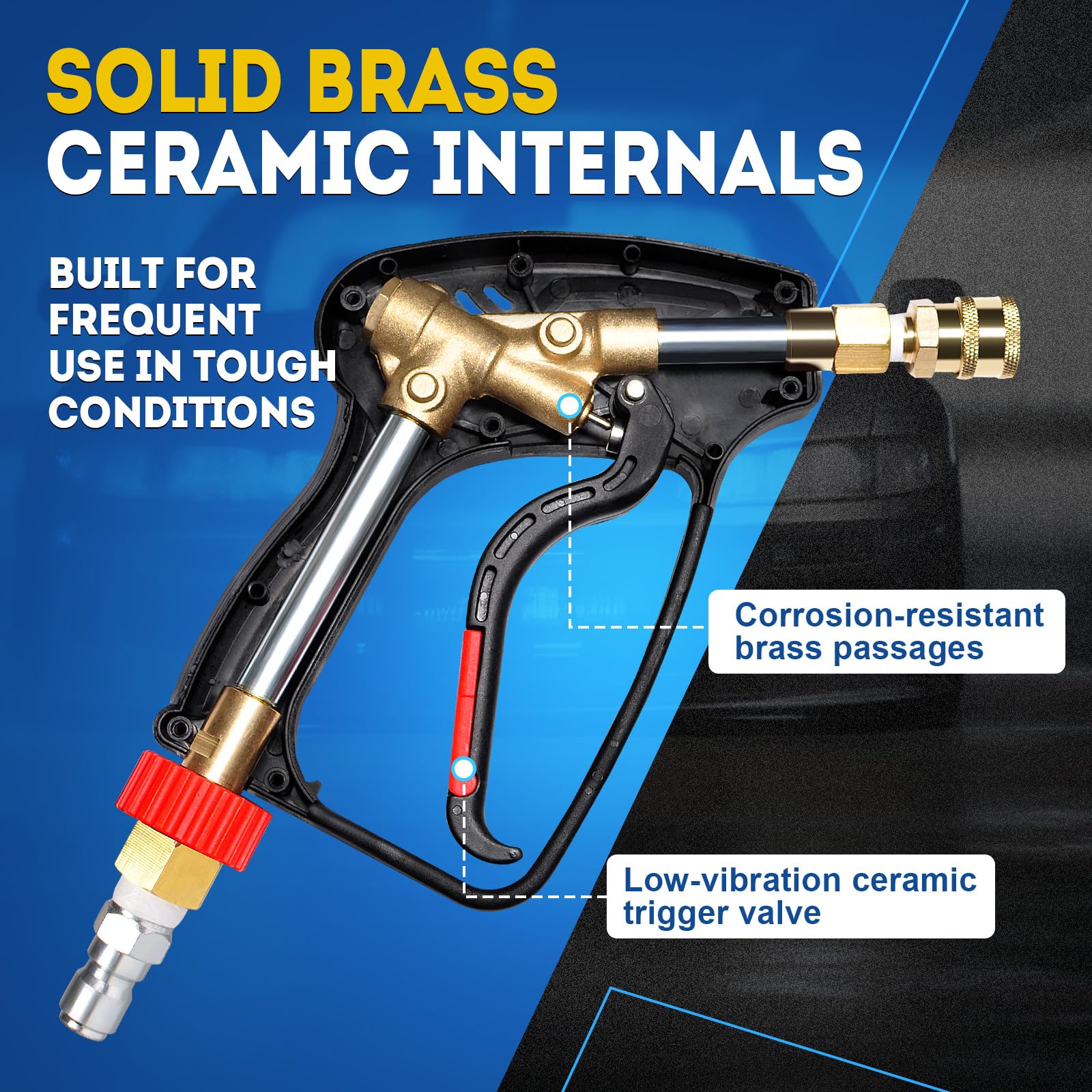 Brass trigger and ceramic valve offer durable, low-vibration performance