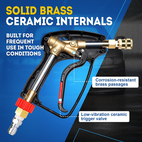 Brass trigger and ceramic valve offer durable, low-vibration performance