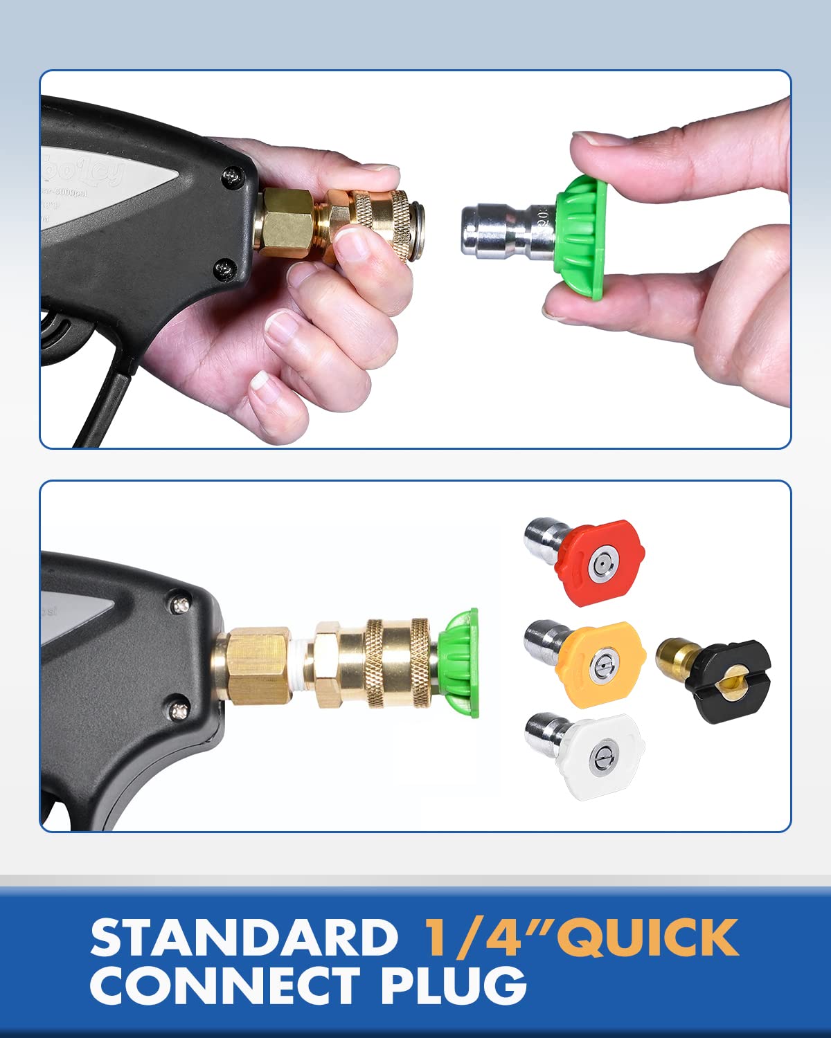 Toolcy 40-degree stainless steel nozzle for gentle rinsing.