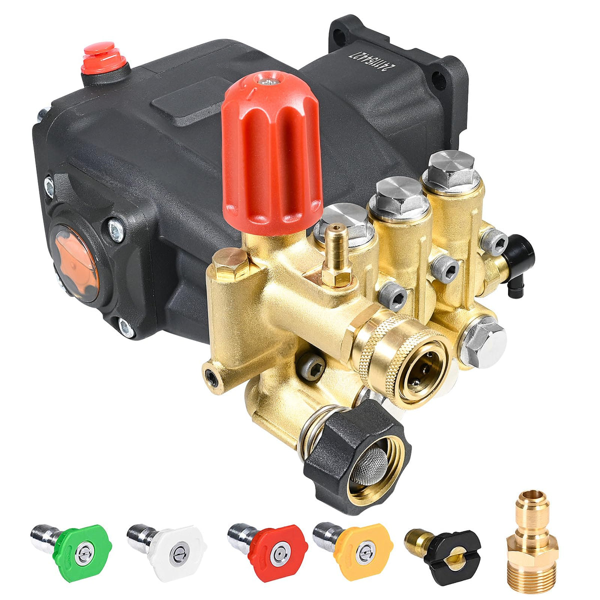 Toolcy pressure washer pump head close-up showing durable brass components for longevity.
