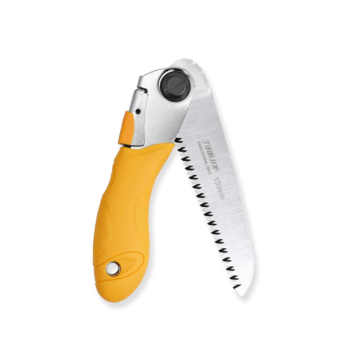 Toolux 5-Inch Folding Saw blade close-up highlights SK5 steel and sharp edge.