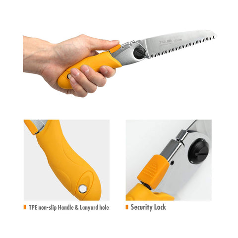 Toolux saw in angled-cut position for comfortable low-angle pruning.