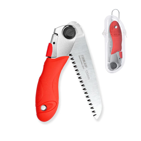 Toolux folding saw blade close-up shows SK-5 steel precision for clean cuts.