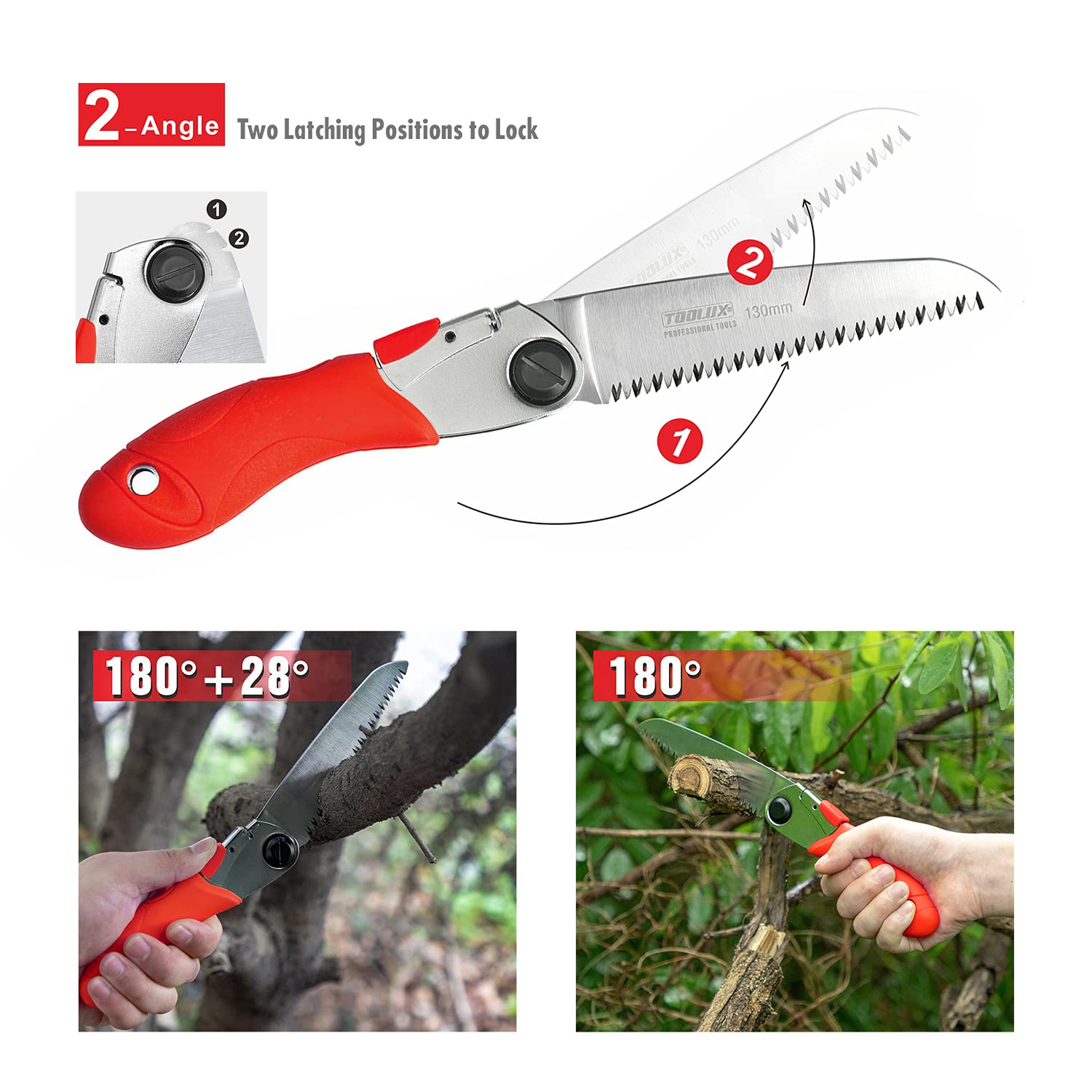 Toolux saw features ergonomic anti-slip handle for comfortable extended pruning tasks.
