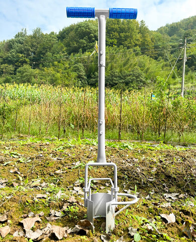 Toolzeen 5-in-1 planter tool showing digging, weeding, and sod plugging capabilities