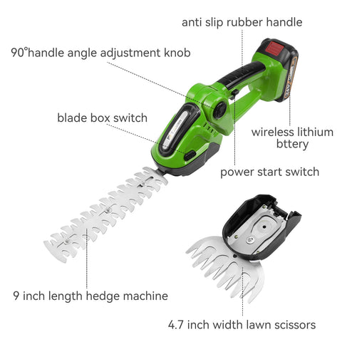 TOOVEM hedge trimmer with 90-degree head allows precise trimming in tight spots.