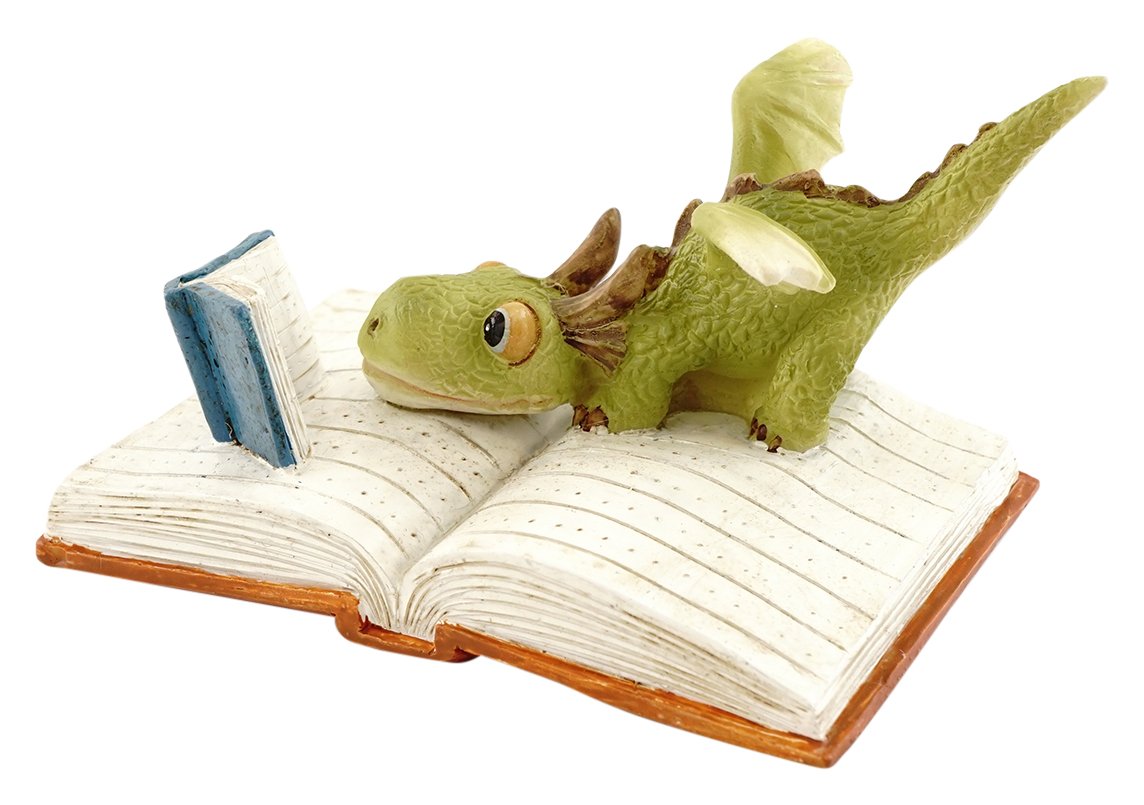 Top Collection miniature dragon reading figurine in green and white, ideal for fairy garden accents.