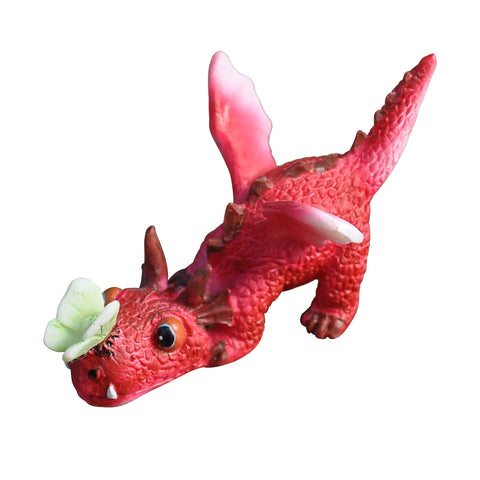 Top Collection miniature red dragon playing with butterfly adds whimsy to indoor displays