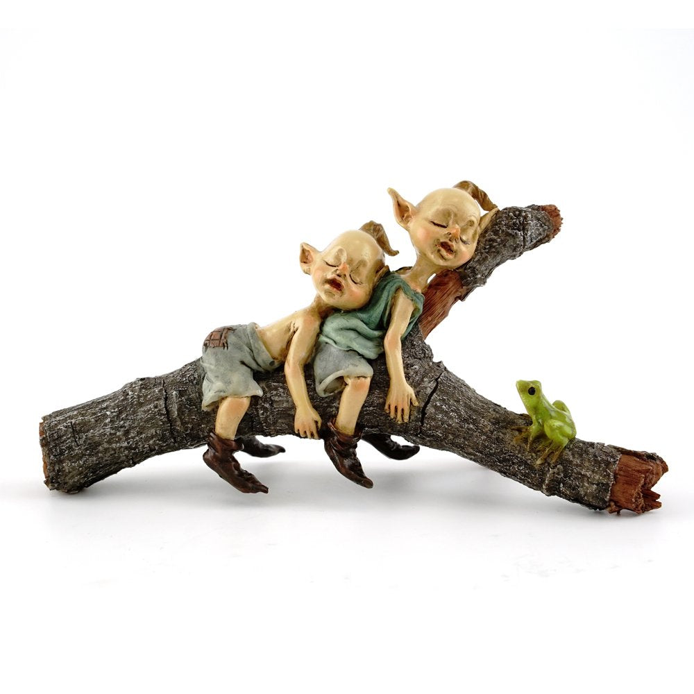 Top Collection miniature fairy pixies napping on a tree log for outdoor display