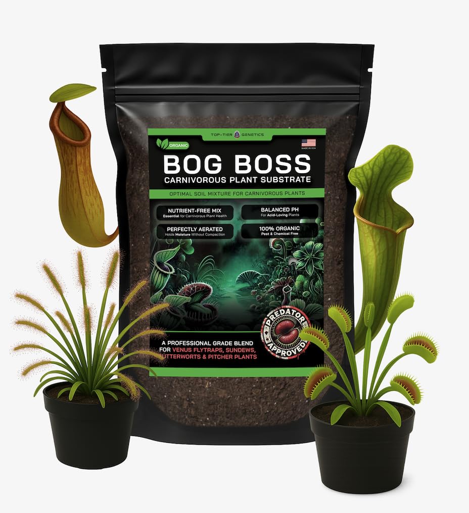 Top Tier Genetics Bog Boss soil blend packaging shown, ideal for nutrient-free carnivorous plant care.