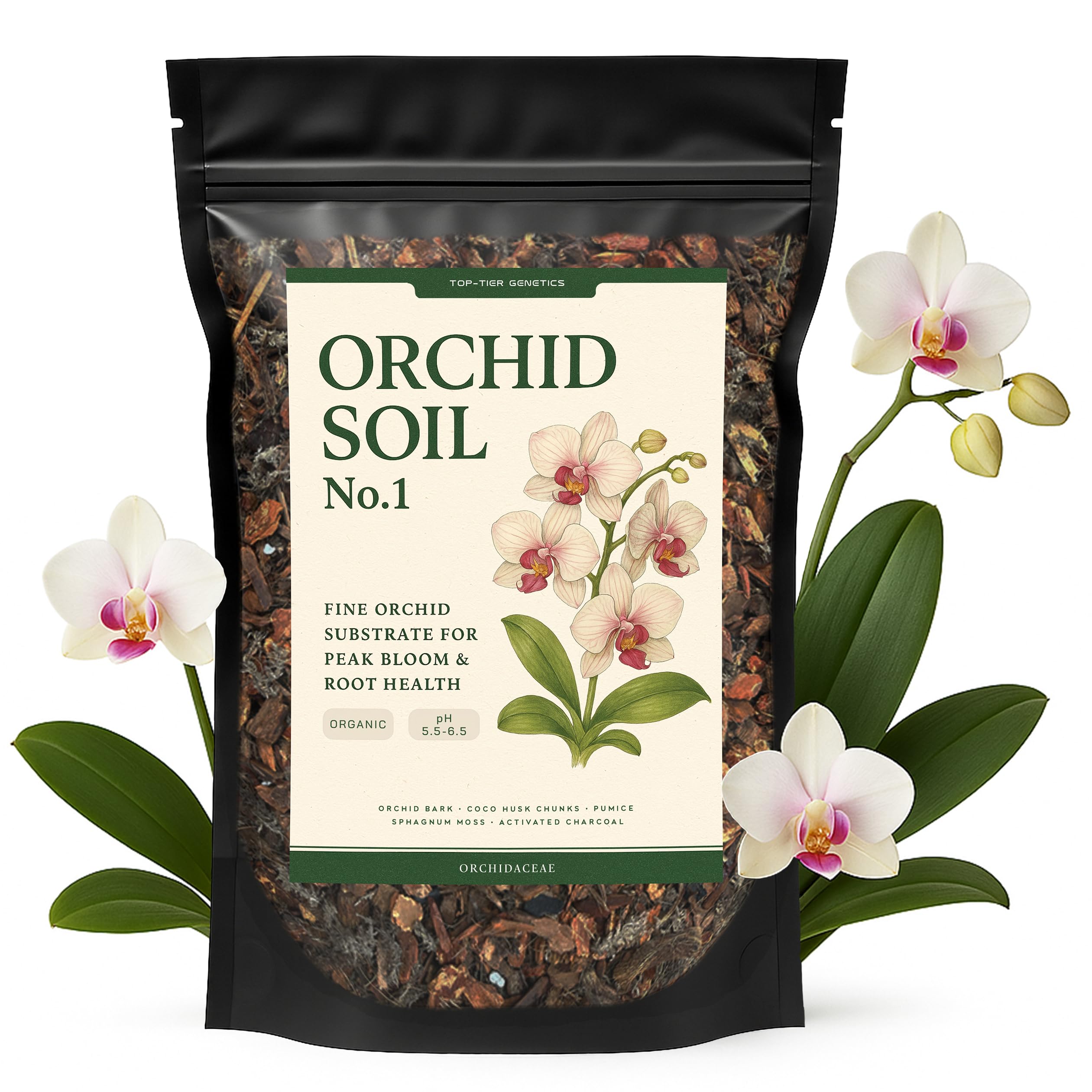 Top Tier Genetics Orchid Soil bag front view—moisture-balanced mix for thriving orchid roots.