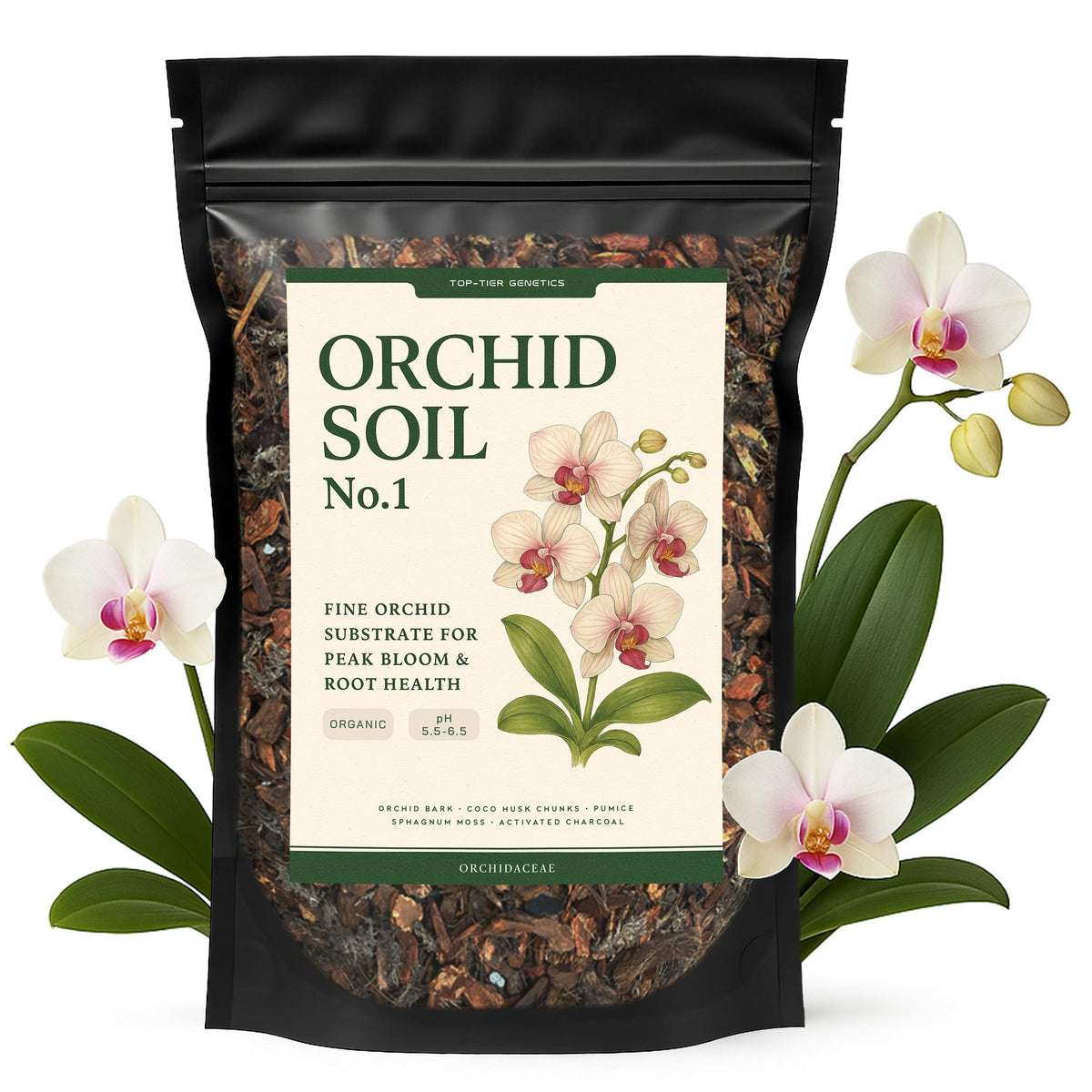 Top Tier Genetics Orchid Soil bag front view—moisture-balanced mix for thriving orchid roots.