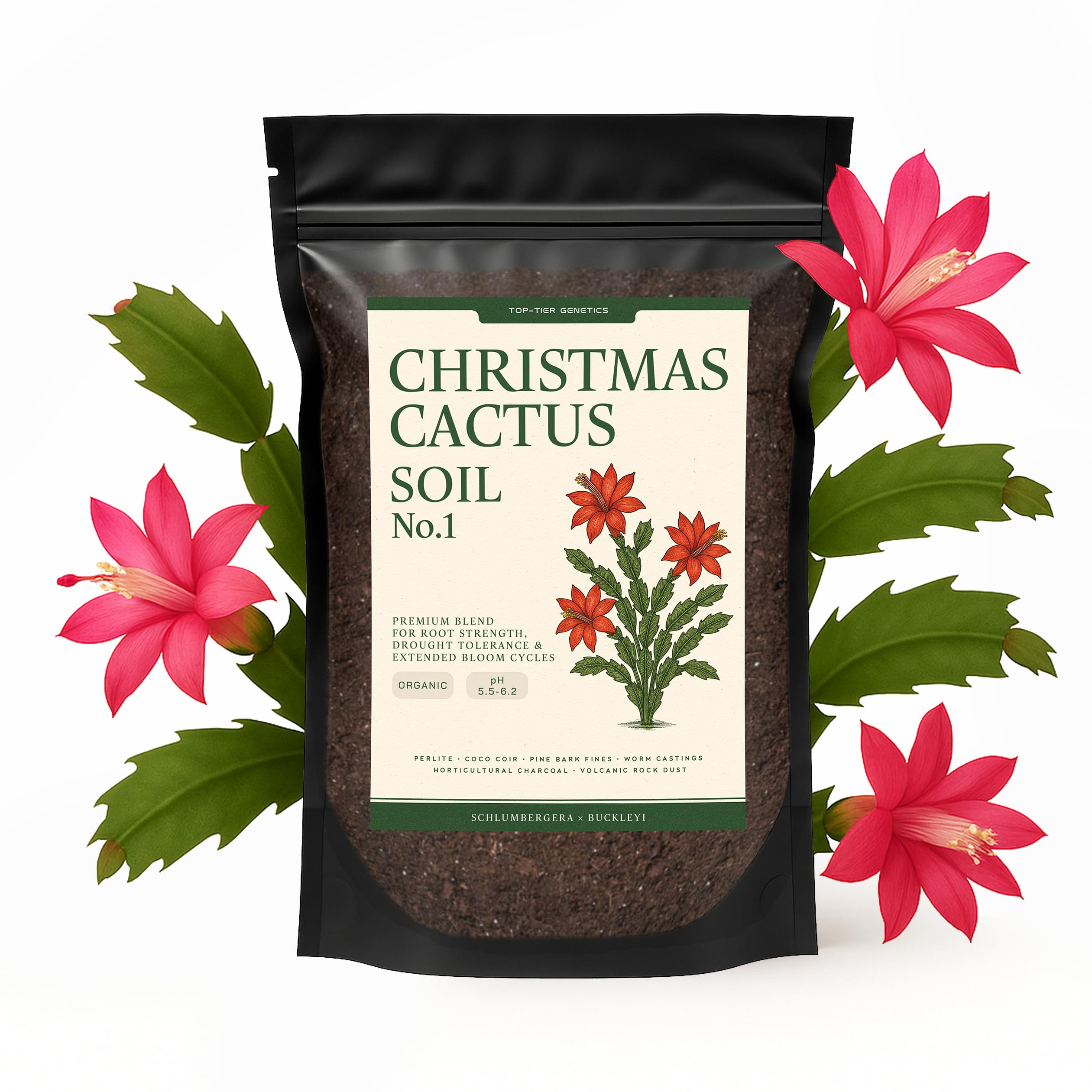 Top Tier Genetics Premium Christmas Cactus Soil bag, ready-to-use mix for healthier roots.