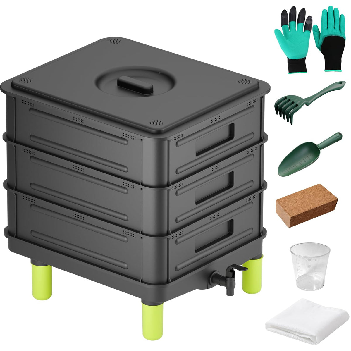 Top Xian 50L worm composter front view with faucet and stacked trays.