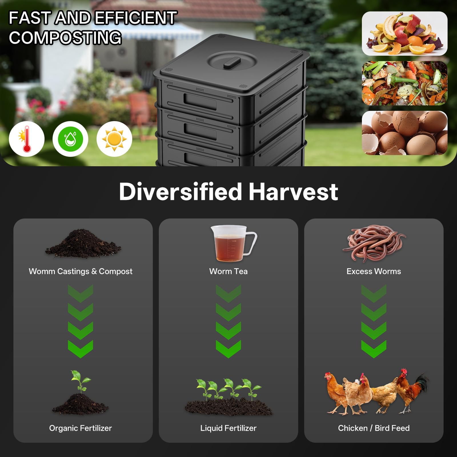 Top Xian 50L worm composter side view showing stacked trays for compact indoor use.