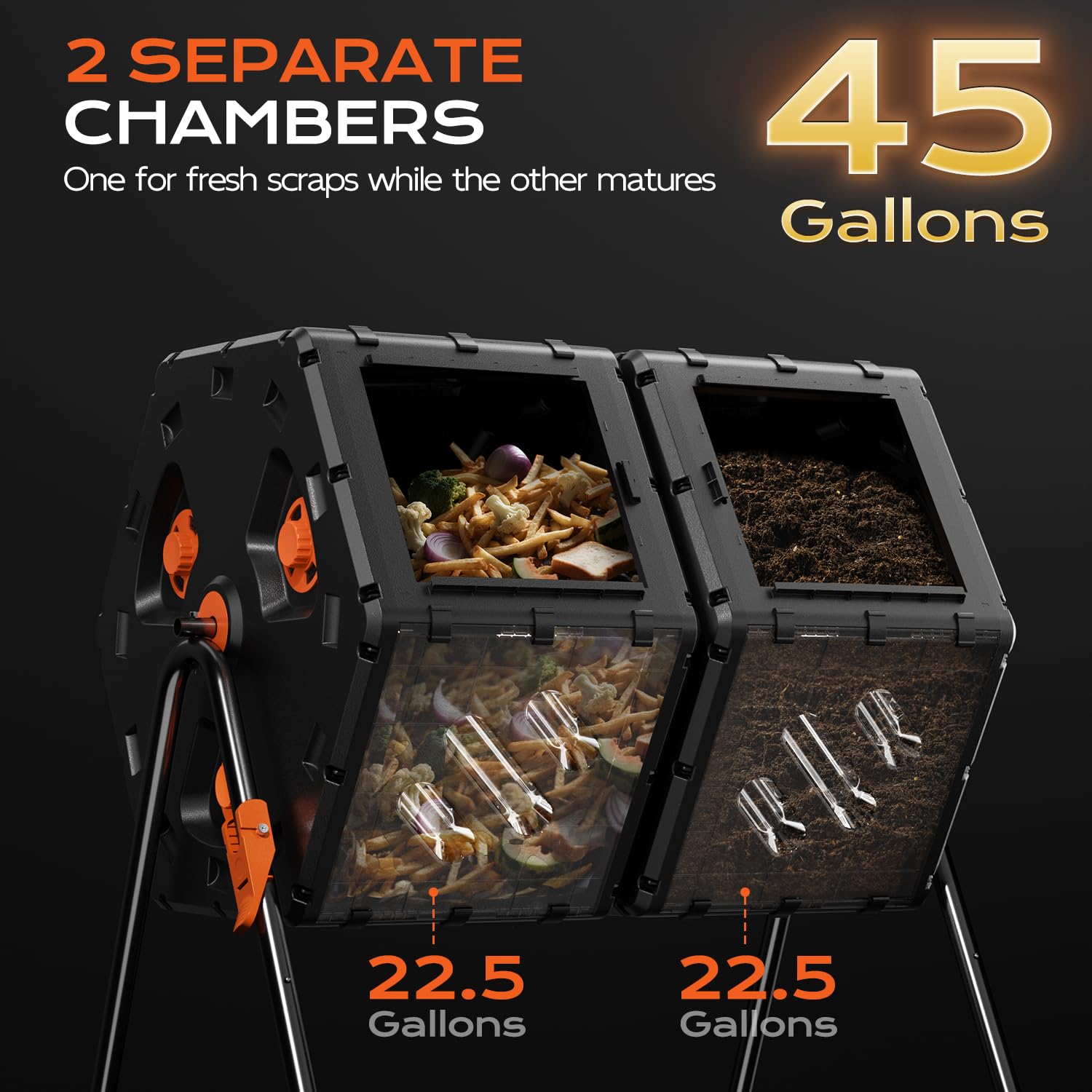 Top Xian dual chamber design enables continuous fresh scraps and mature compost.