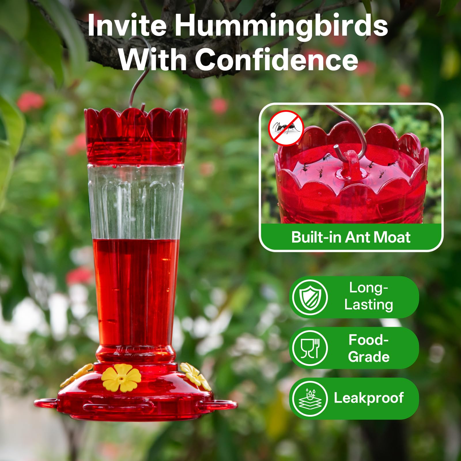The 2mm ports and guard features prevent bees from accessing nectar.