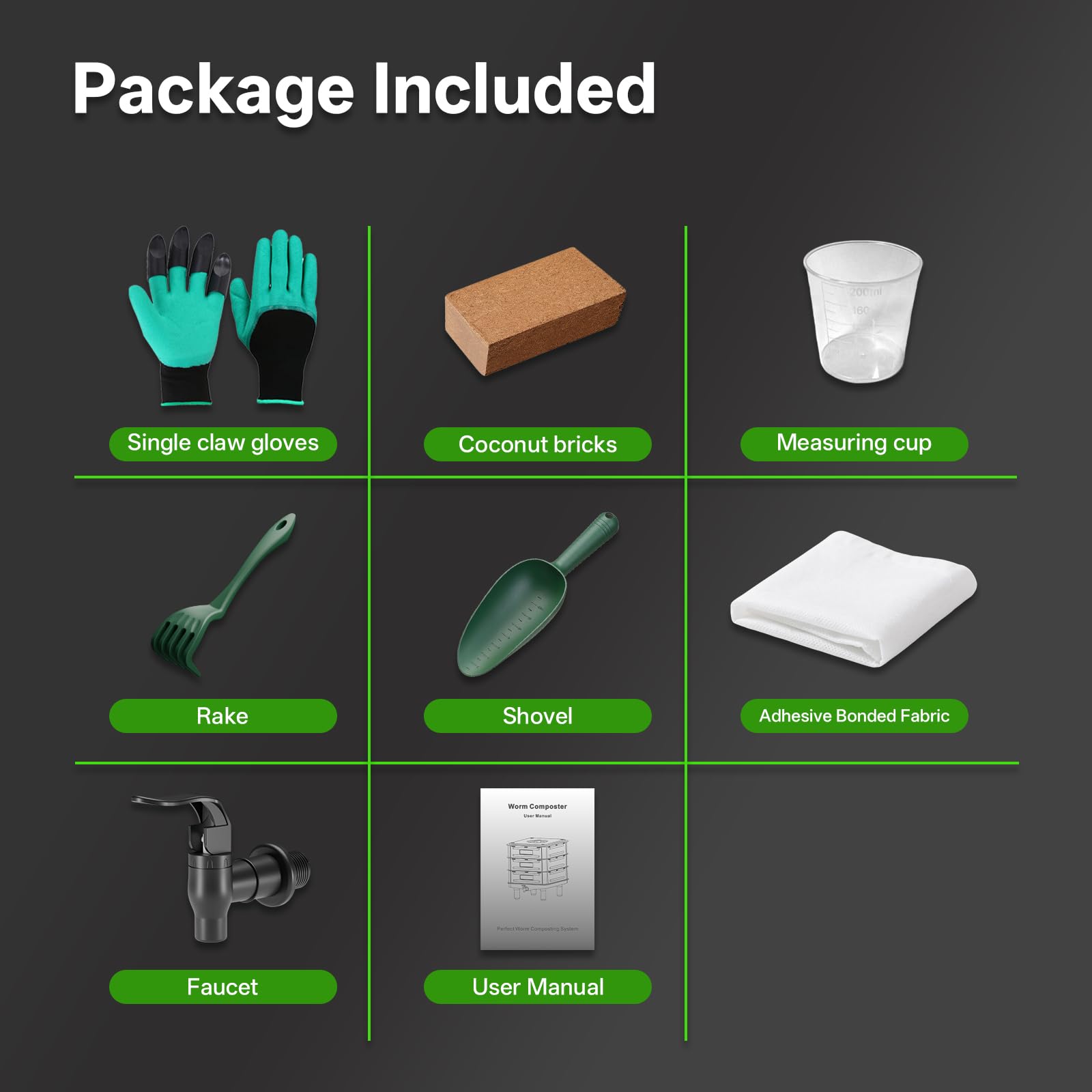 Top Xian worm composter includes gloves, coconut bricks, rake, shovel, and measuring cup.