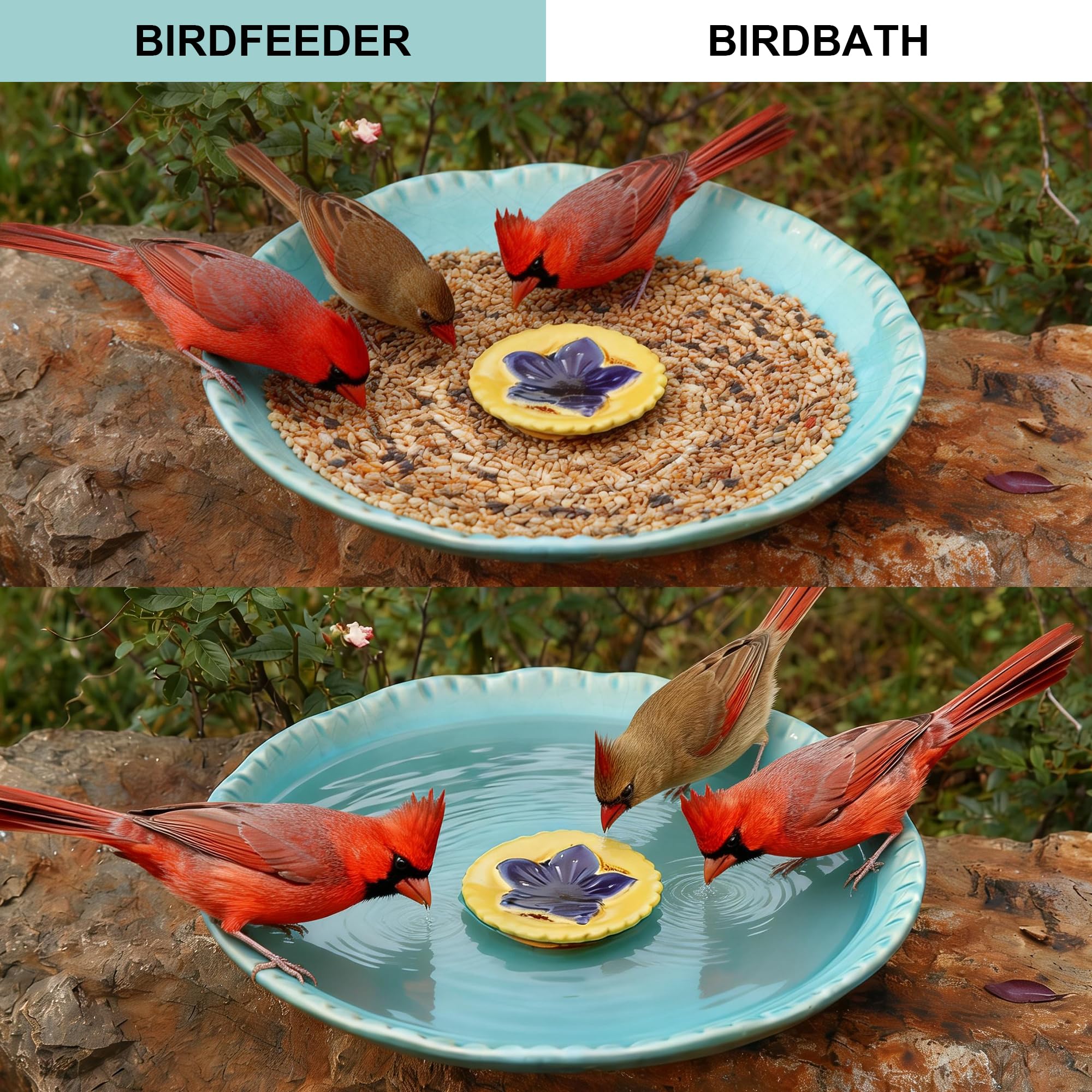 Topadorn birdbath provides ambient lighting to enhance evenings outdoors
