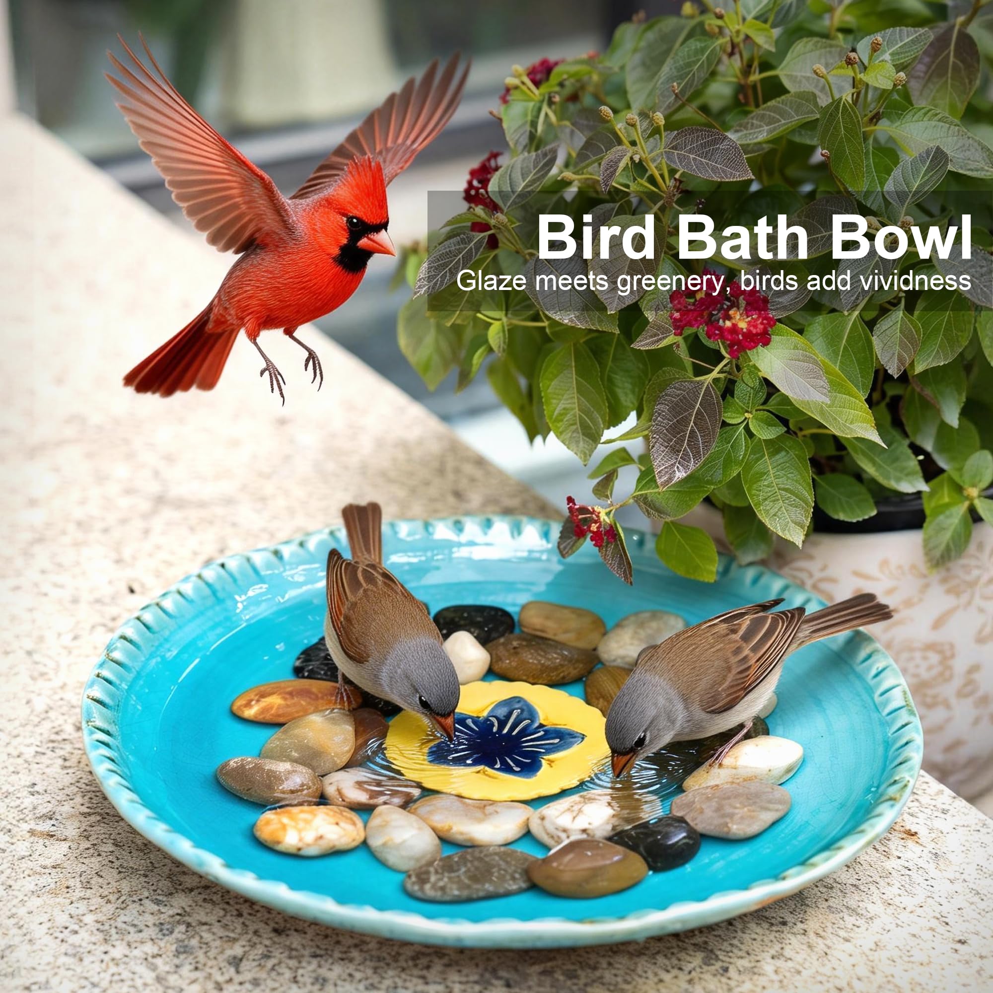 Topadorn birdbath center red flower accent enhances garden charm
