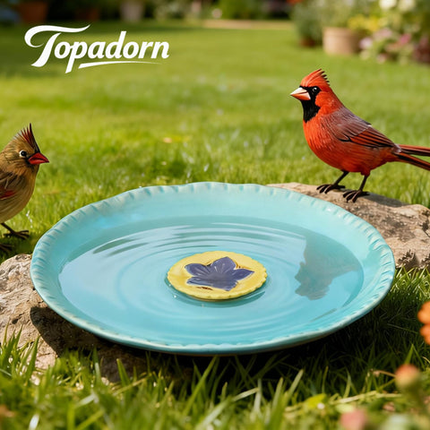 Topadorn birdbath ready for ground placement in yard