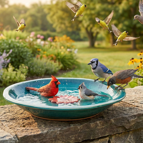 Topadorn Birdbath shows raised red flower center to attract garden birds.