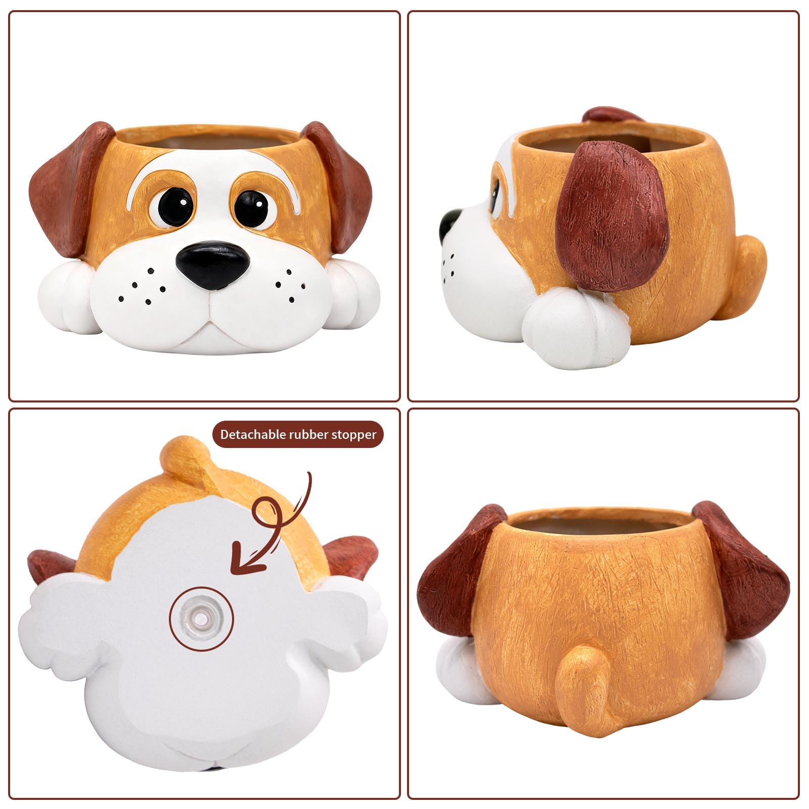 Toparad dog resin planter drainage hole close-up, helps plant health.