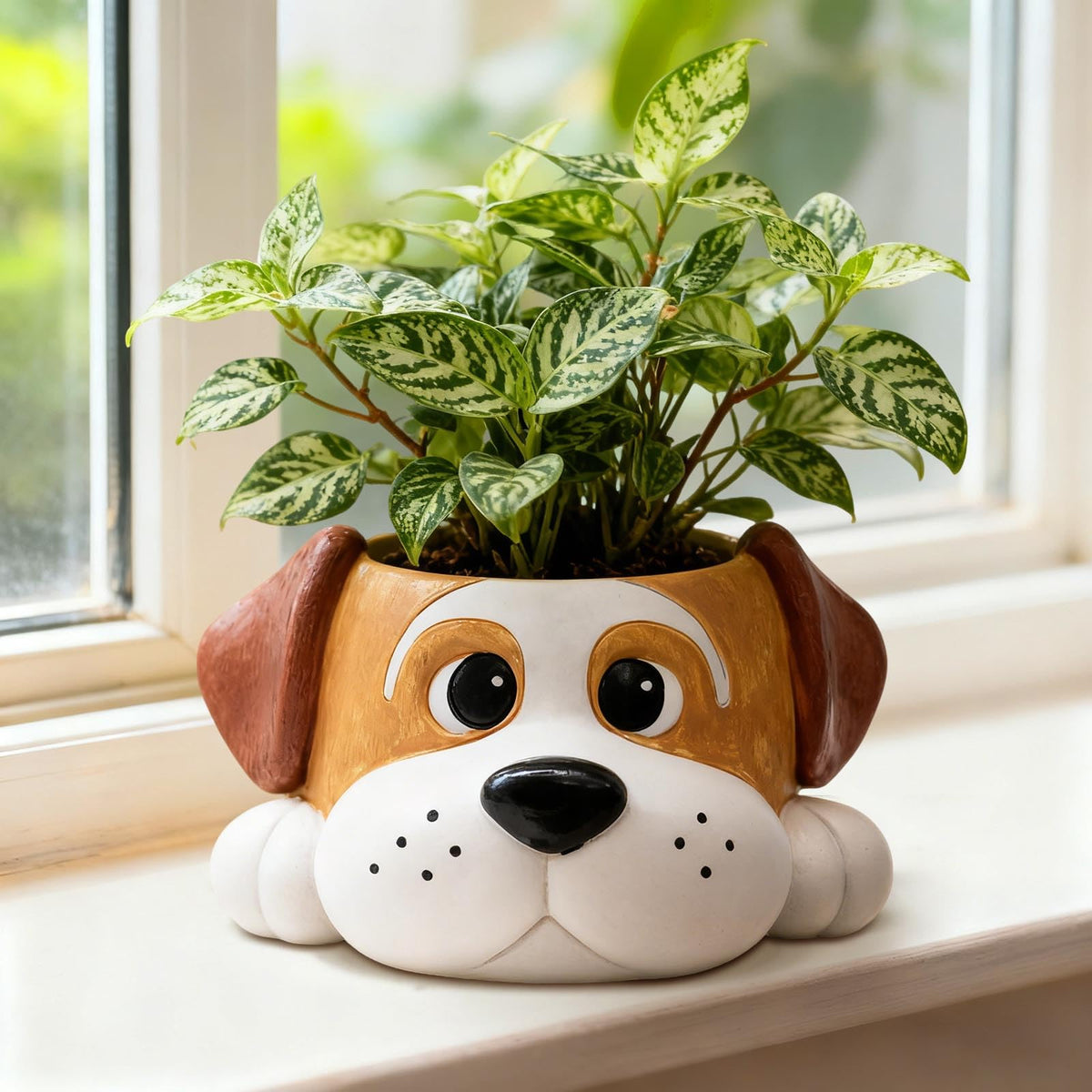 Toparad dog resin planter front view, ideal for indoor succulents and small herbs.