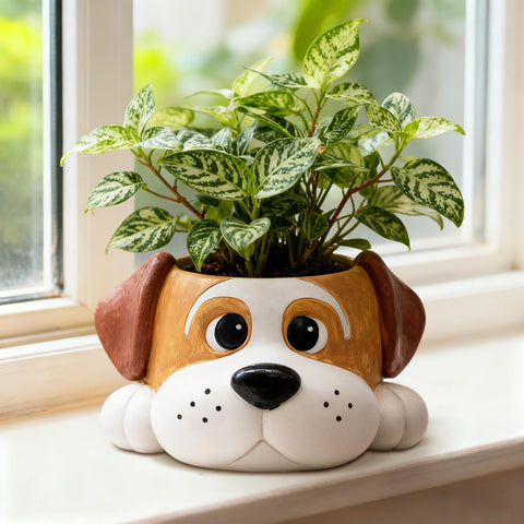 Toparad dog resin planter front view, ideal for indoor succulents and small herbs.