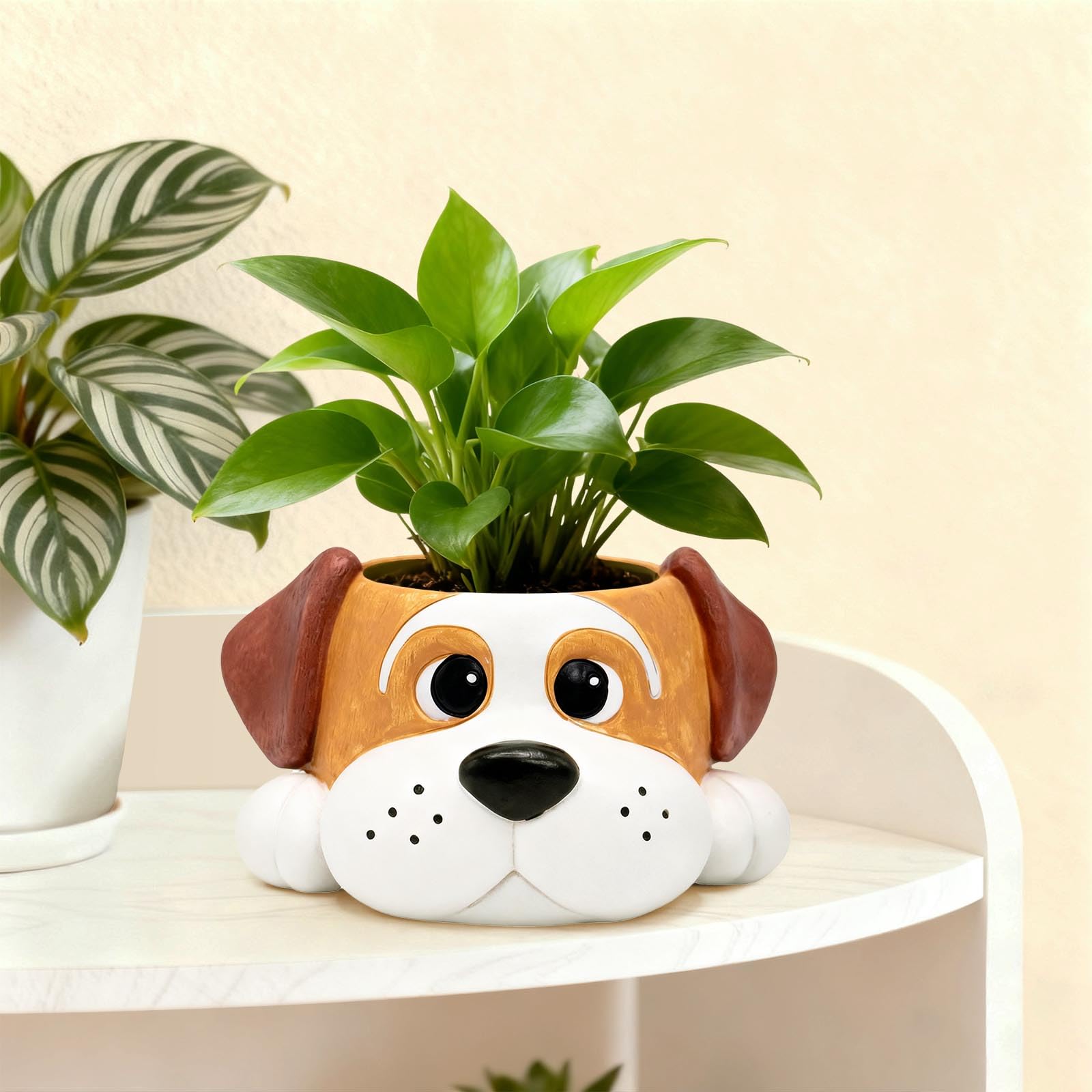 Toparad dog resin planter on living room shelf, charming centerpiece.