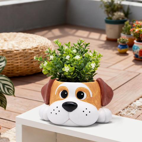 Toparad dog resin planter in a modern office setup, perfect desk decor.