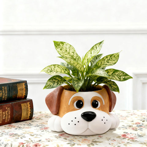 Toparad dog resin planter side view, compact decor for living rooms.