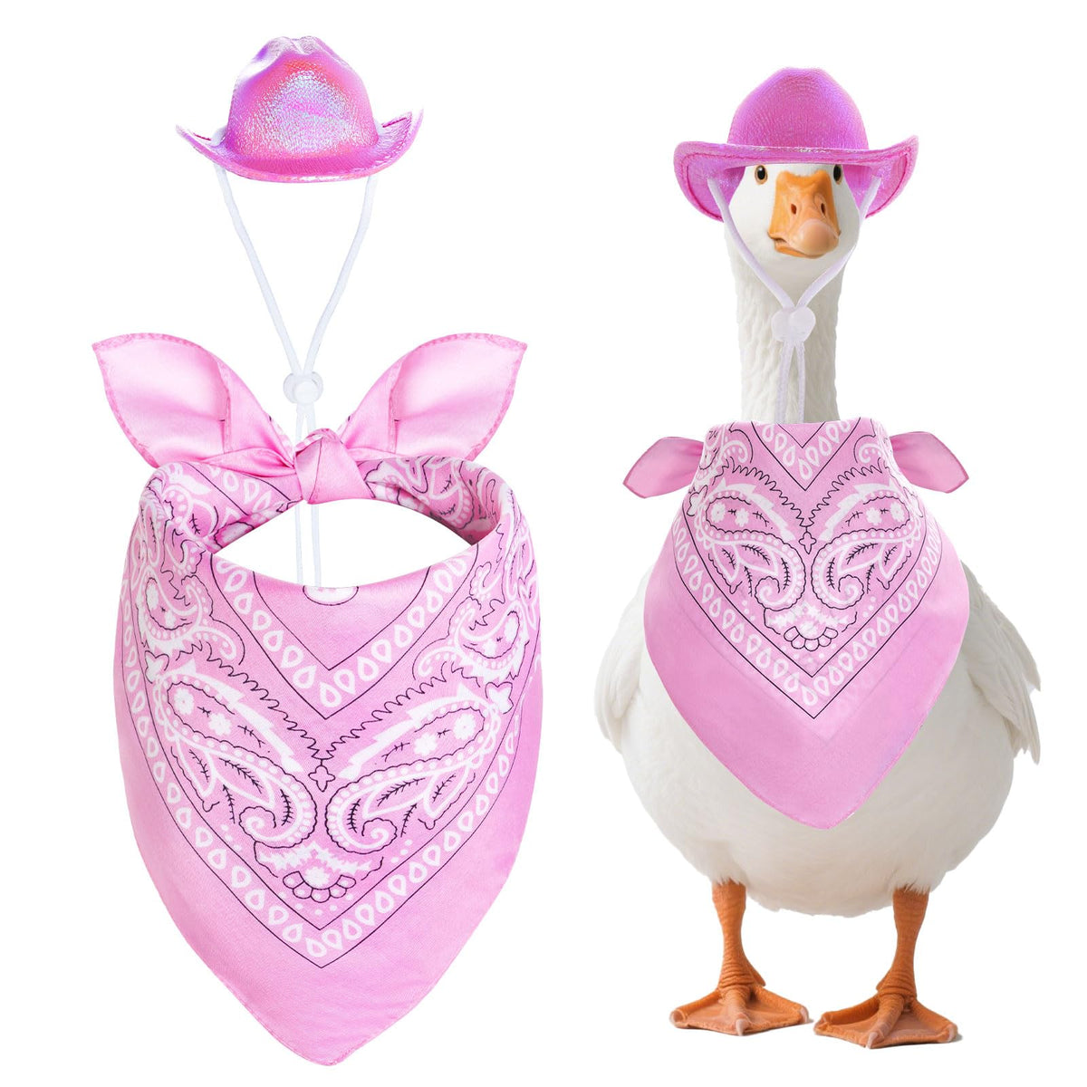 Topbuti goose outfit on 23-inch statue with pink hat and bandana, enhances outdoor decor