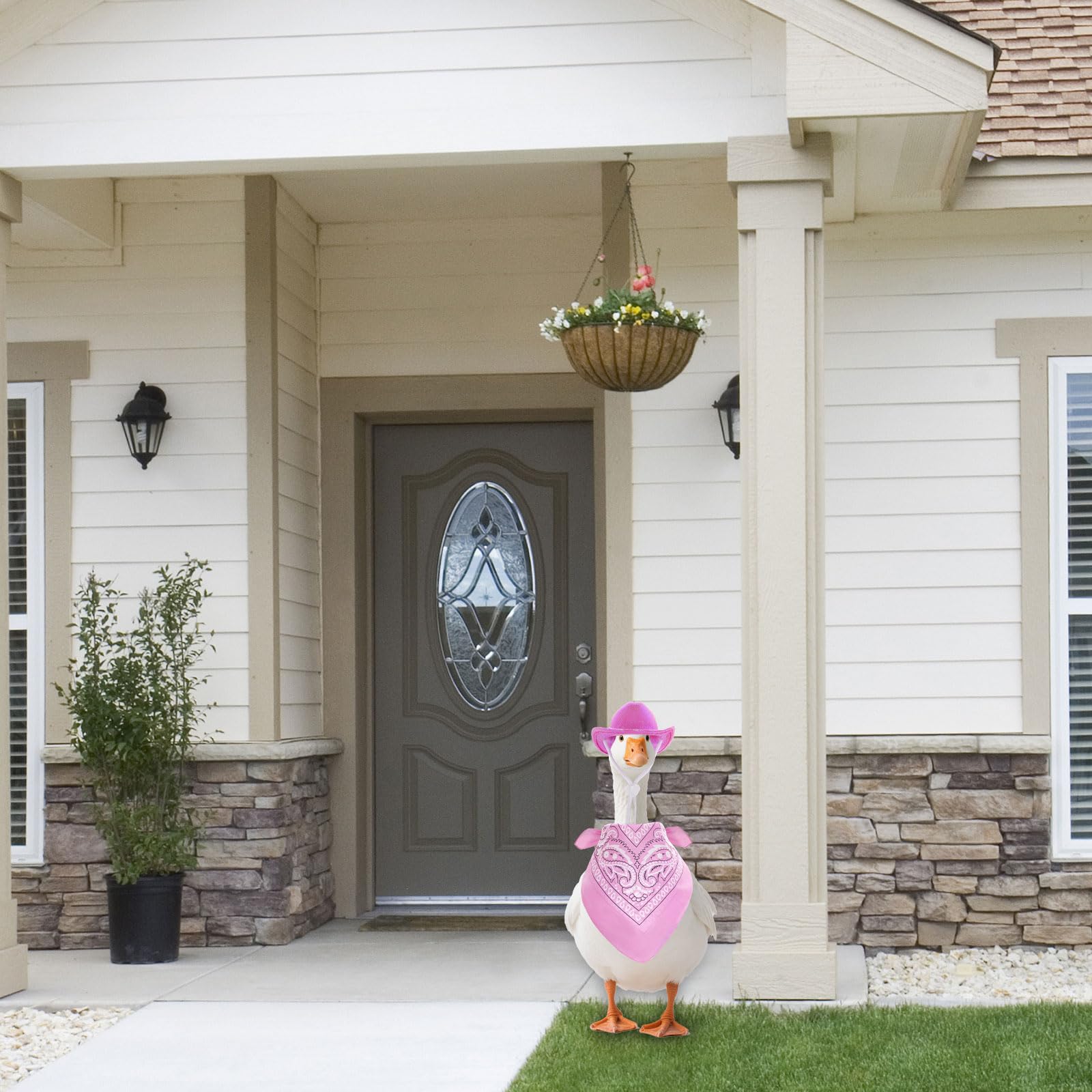 Topbuti goose pink hat and bandana on lawn statue for curb appeal