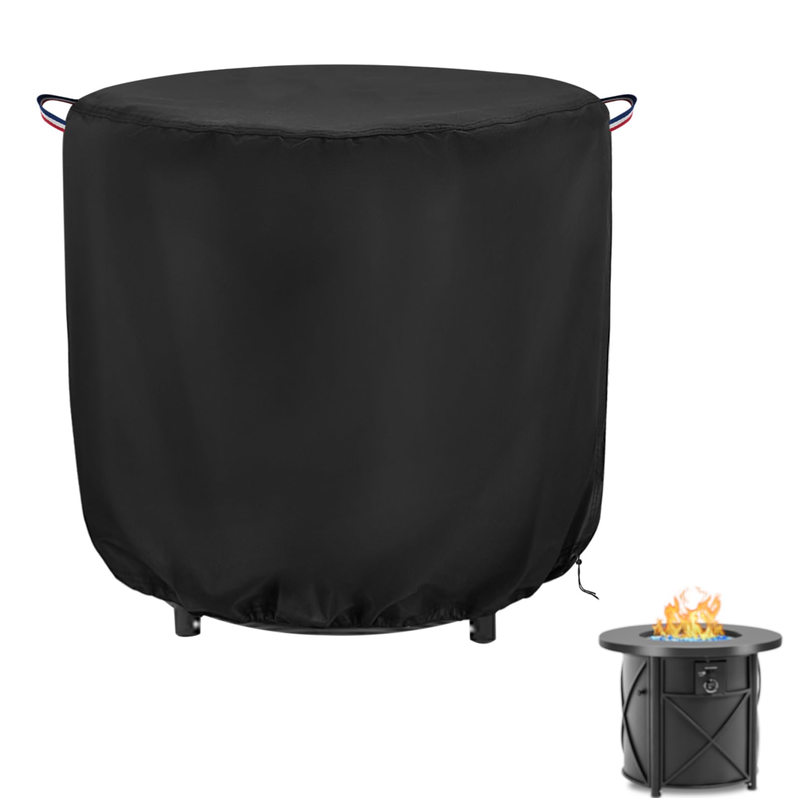 Topcover fire pit cover protects a 30-inch round pit from rain and wind.