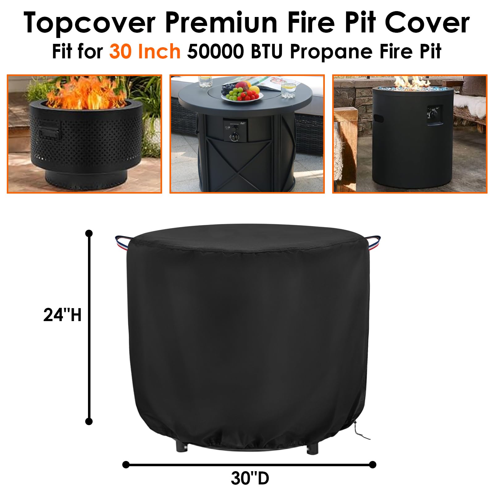 Topcover round fire pit cover with diagonal buckles stays securely in place.
