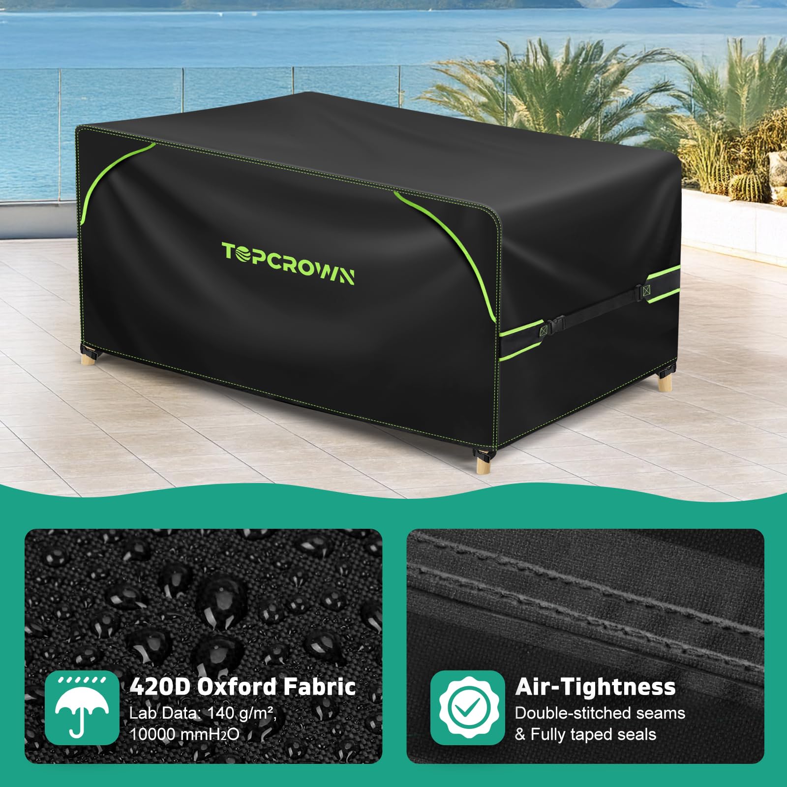 Topcrown cover with adjustable buckle provides windproof, secure fit.