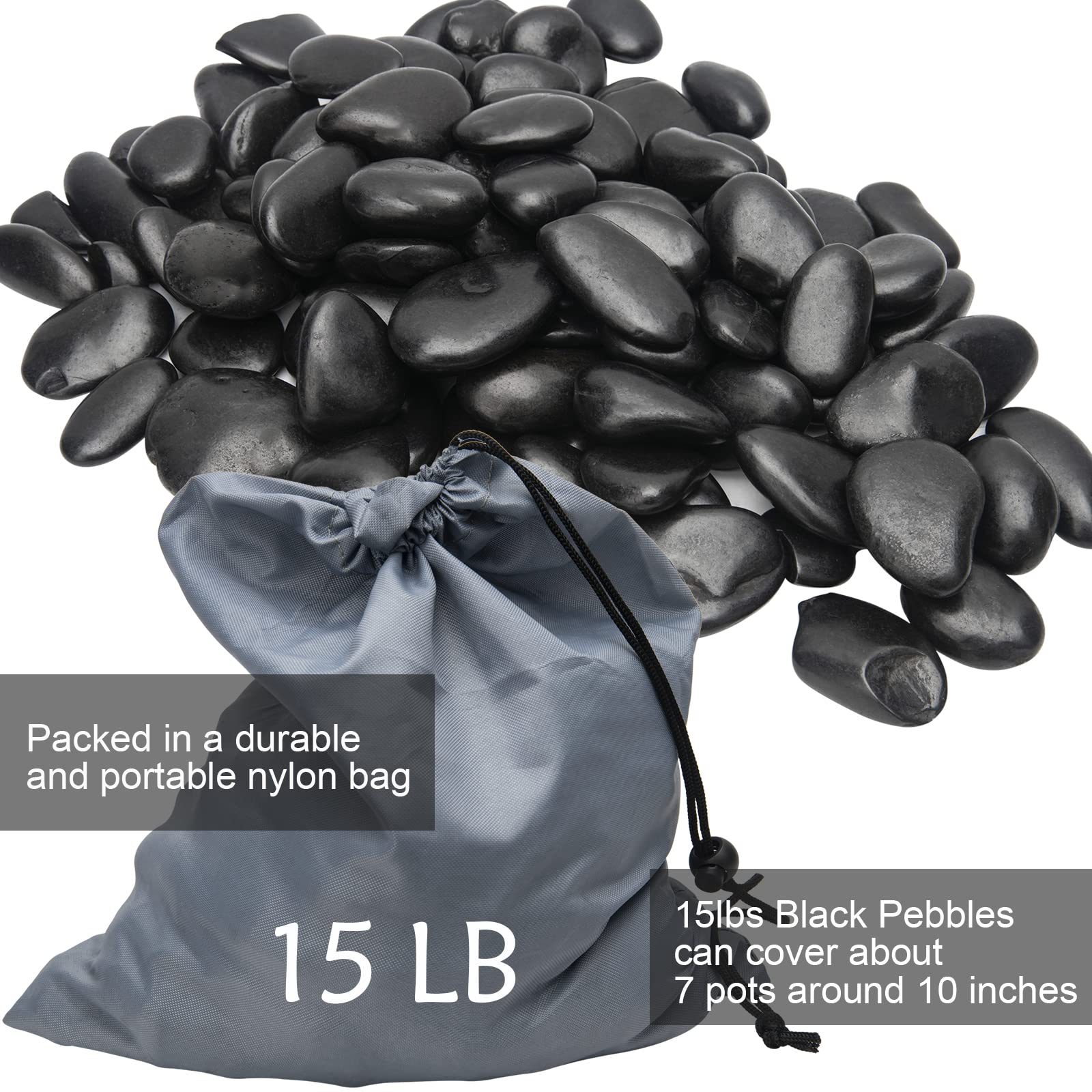 TOPEMAI polished black pebbles suitable for plant pots and elegant displays